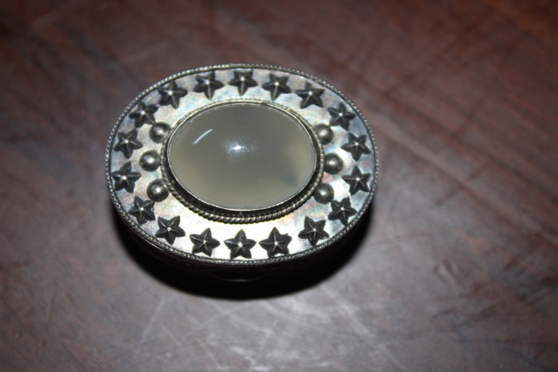 A Small Silver Trinket Box: Marked China silver - with a gemstone, possibly jade - initial JS - 1 1/2" in diameter