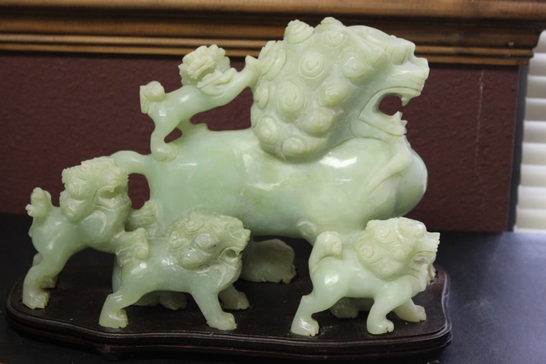 A Well Carved Jade? Lion Group: Almost 12" long