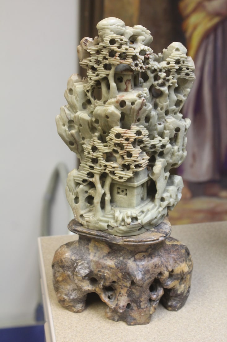 Large Soap Stone Mountain Scene: two pieces - 12 1/2" tall - please note: minor chips as shown