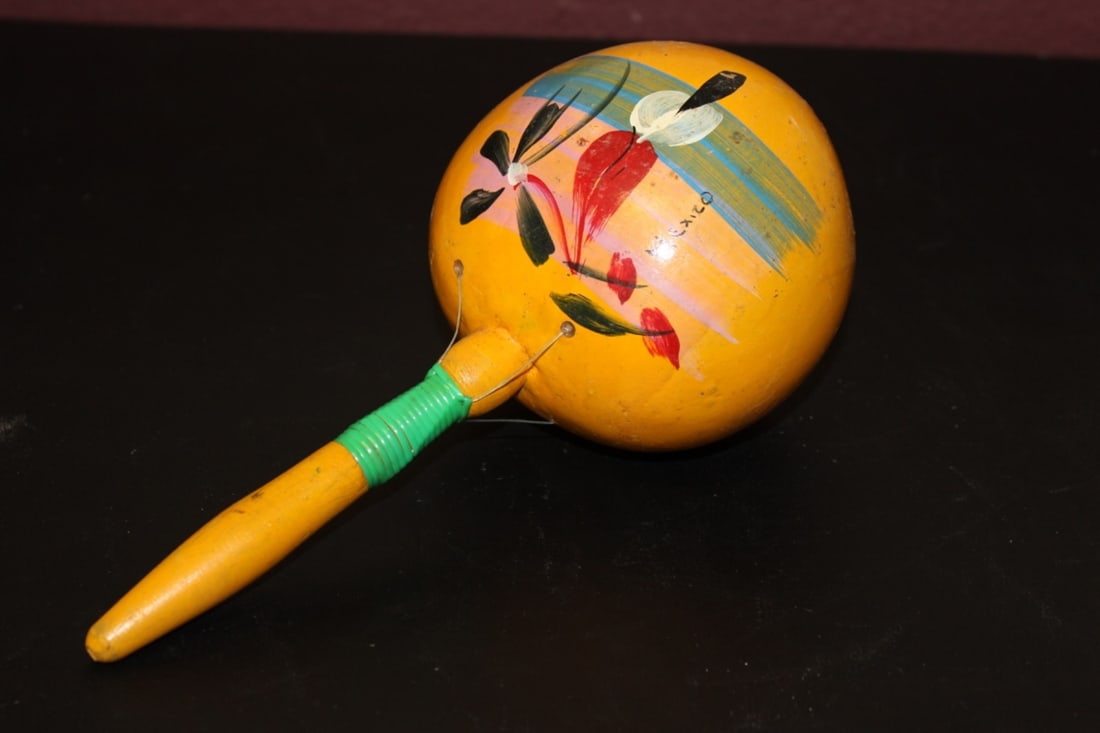 A Wooden Hand Painted Mexico Ornament - Maraca: 10 inches long