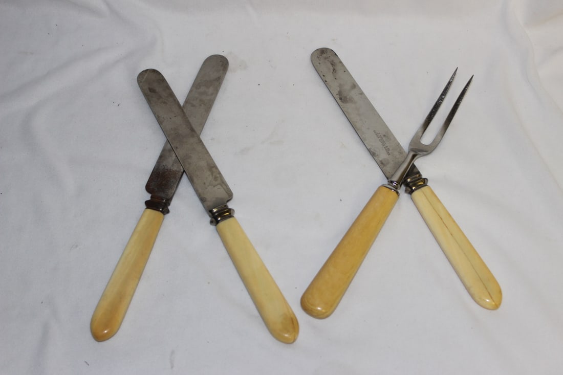 Set of 4 Bone Handle Utensils: one is carved - longest= 9 1/4"