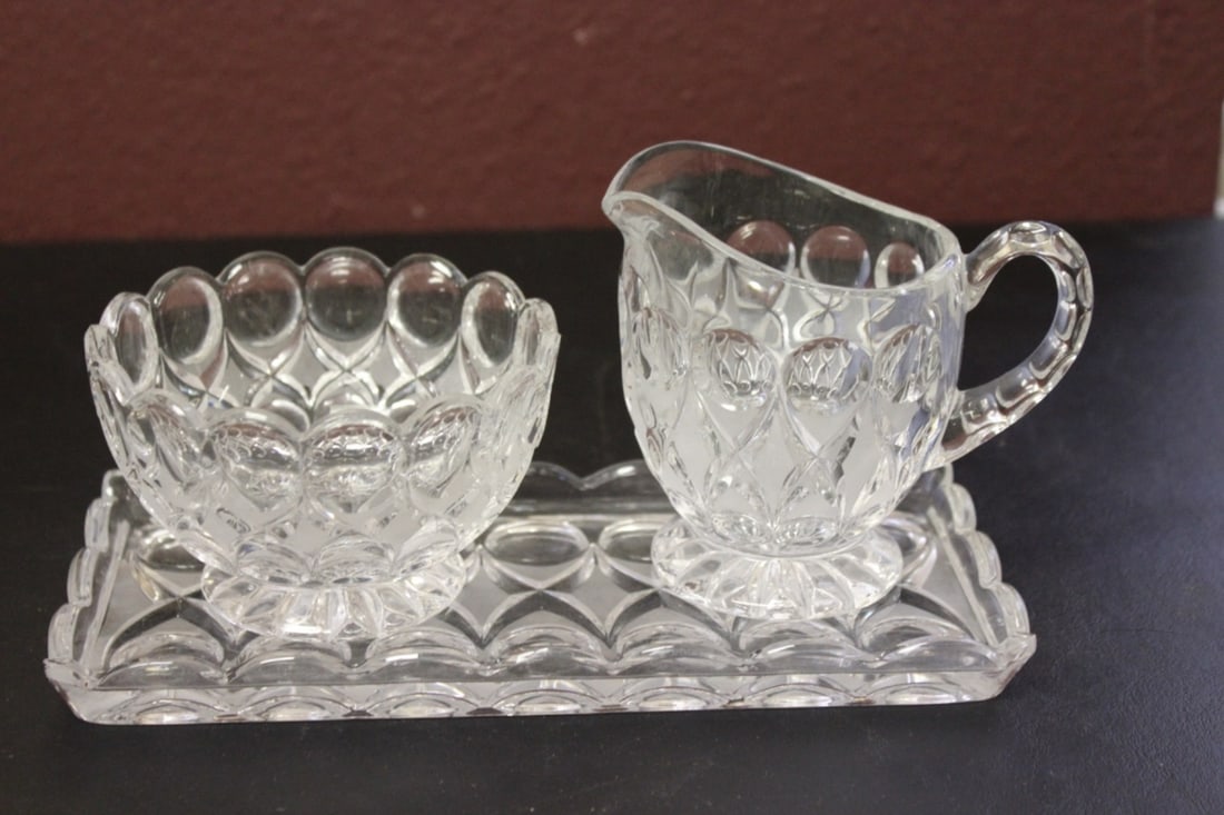 A Vintage Glass Creamer and Sugar: with a rectangular undertray - Tray= 8 5/8 inches long