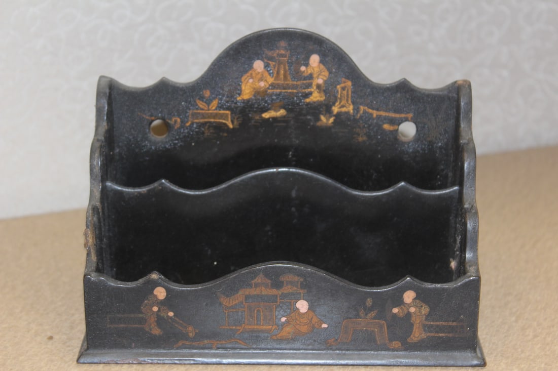Antique Lacquer Letter Holder: Chinese export - 19th century - please check images for conditioning - 6 3/4" across