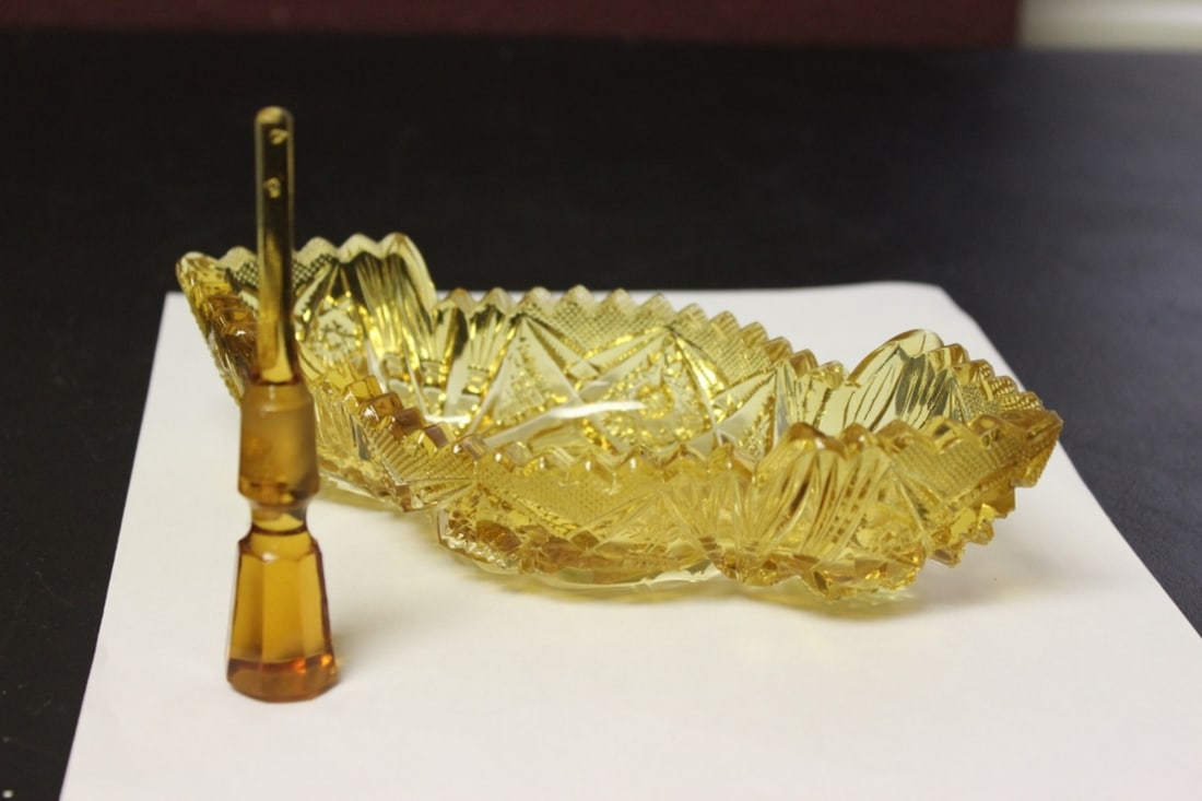 Lot of 2 Amber Cut Glass Bowl and a Stopper(?): Bowl= 8 inches long