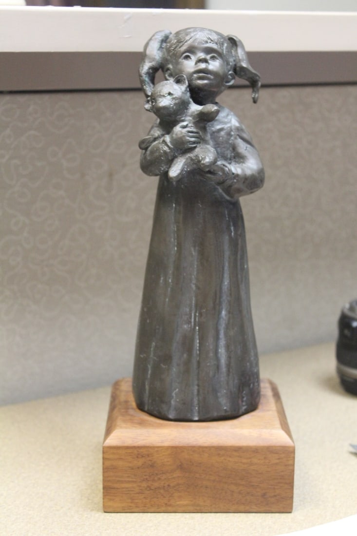 Vintage Signed Bronze Girl: signed and numbered- heavy - appeared to be solid on a wooden stand - overall= 12 3/4" tall