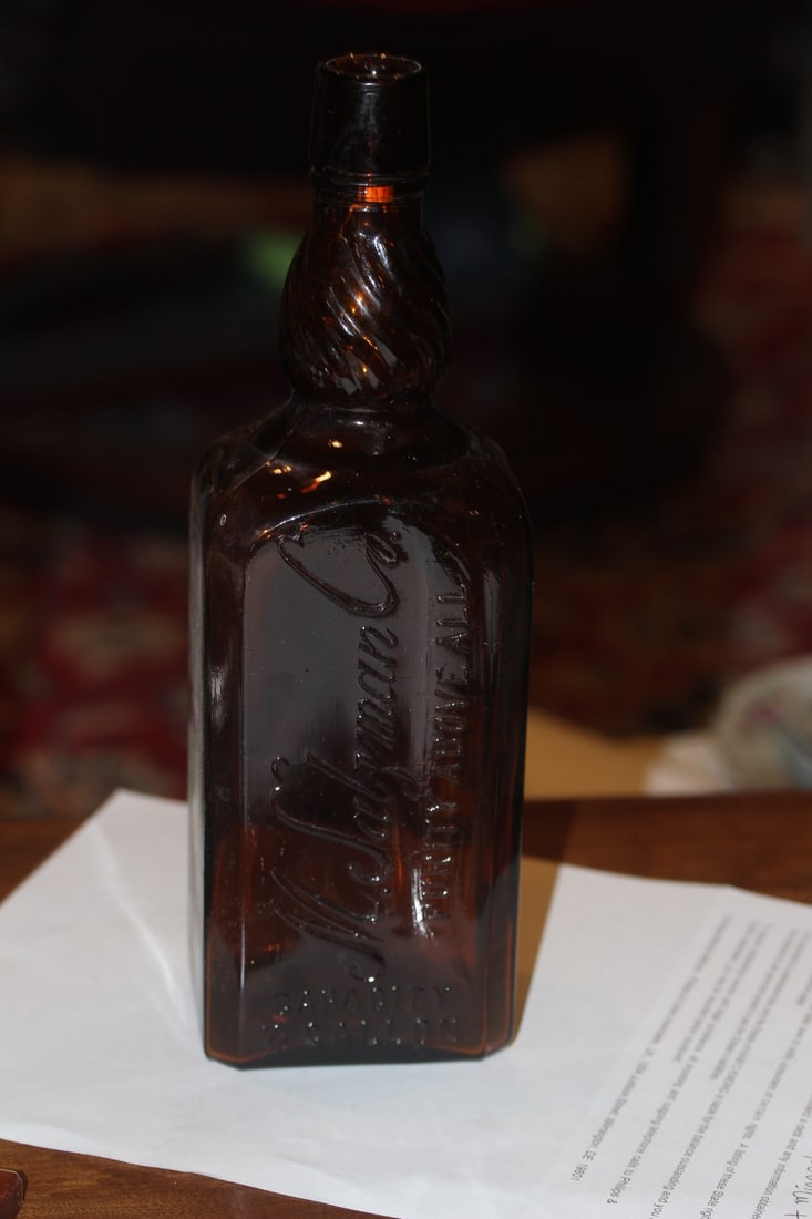 Amber Salgman Whiskey Bottle, New York: 11" tall
