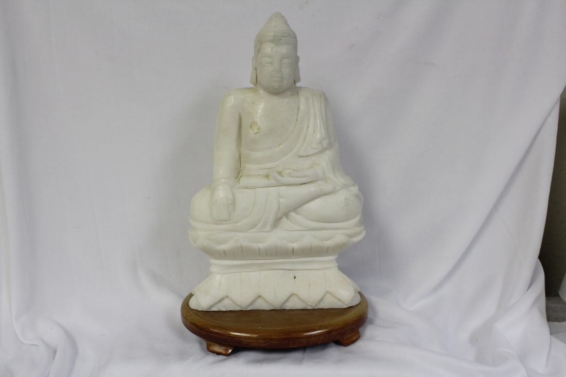 A Chinese Solid Marble Statue: on wood stand - 12" overall