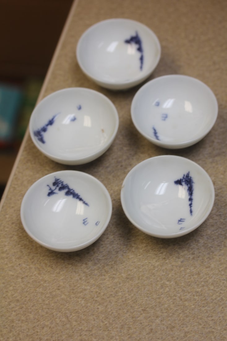 Set of 5 Japanese Saki Cups: blue and white - 2 1/2" in diameter