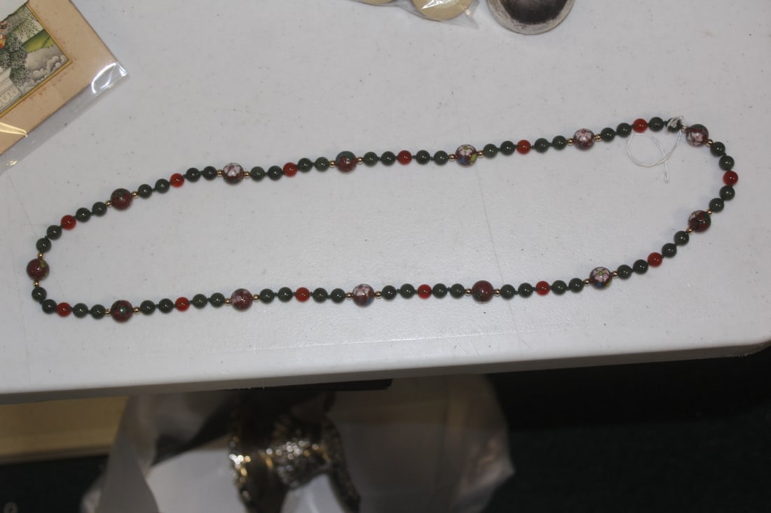 Jade, Cloisonne and 14Kt Gold Necklace: Chinese - 16 inches long