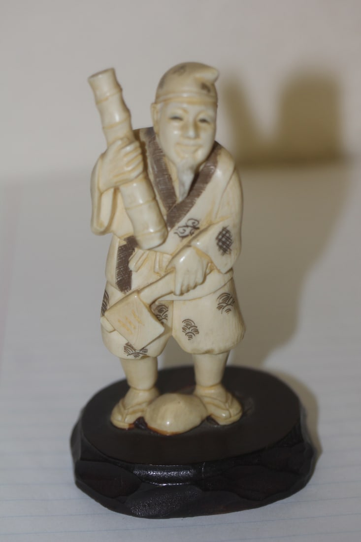 Japanese Bone Okimono Figurine: on wooden base - well carved - antique - overall= 4 3/8" tall