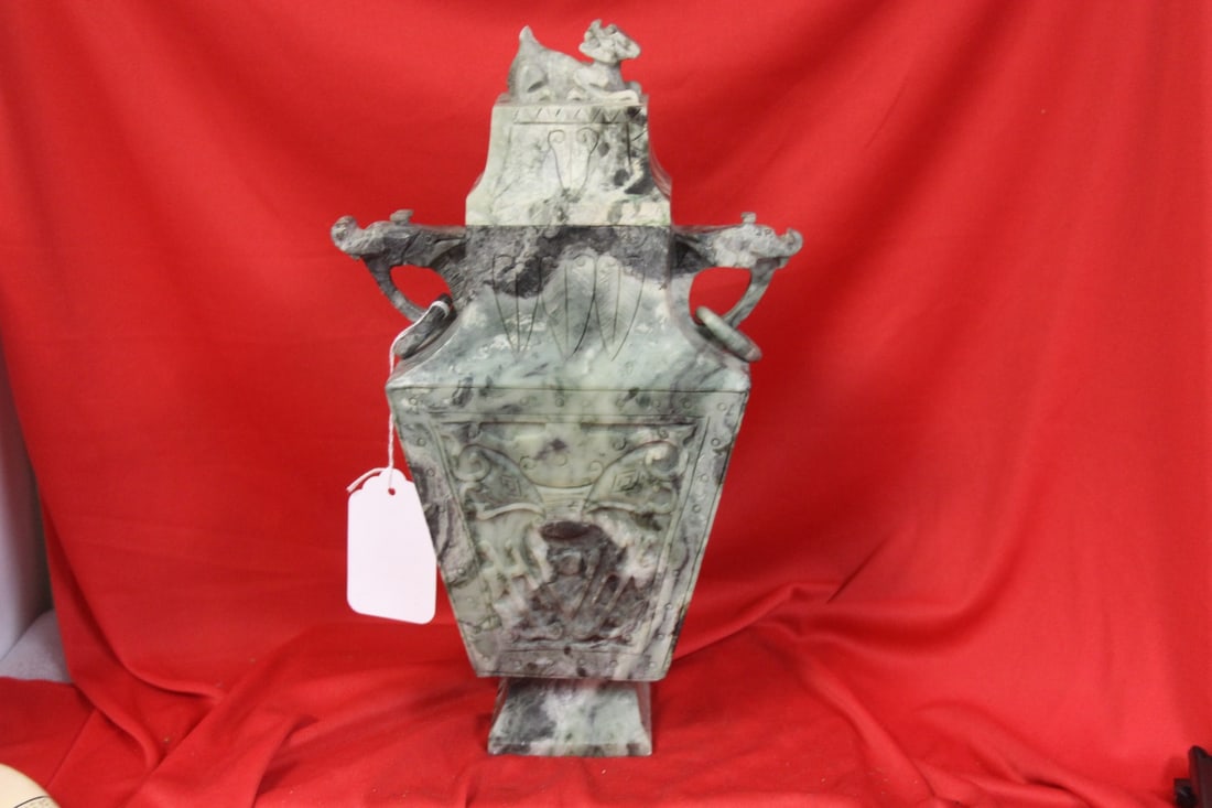 A Jade or Hardstone Urn: Please note: finial (tail) has small chip - 12 1/2" tall