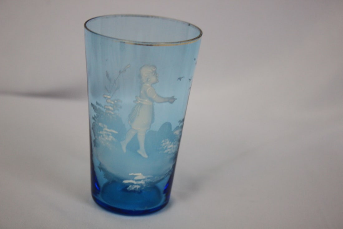 A Blue Glass Handpainted Tumbler: 3 3/4" tall