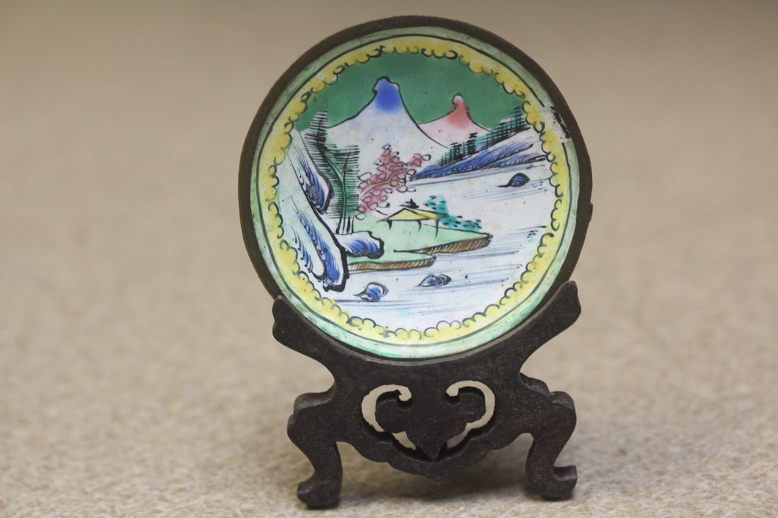 Chinese Enamel Small Plate: with stand - marked "China" - late 19th century - diameter of plate= 2 1/4" - please note: minor losses as shown