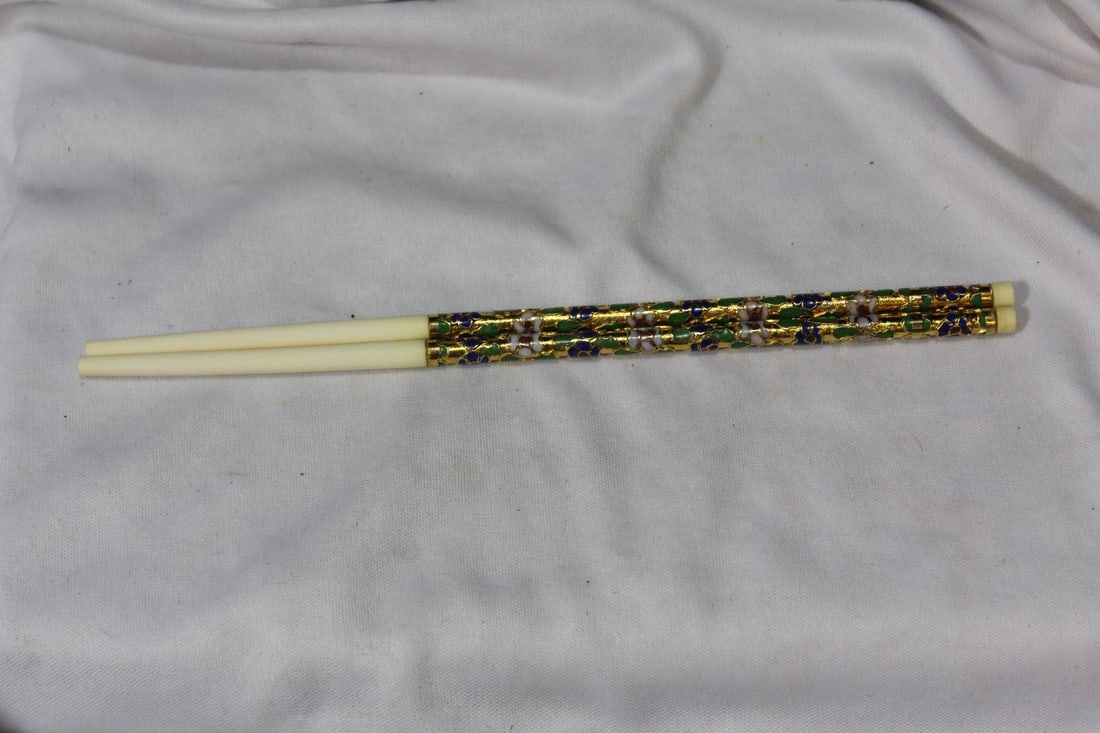 A Pair of Cloisonne and Bone Copsticks: 8" long