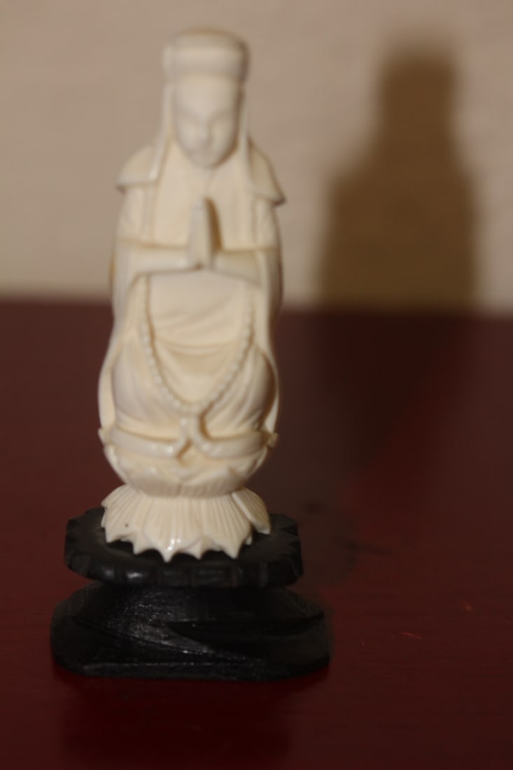 Antique Chinese Kwan Yin: carved b o n e - on stand - very well carved - overall= 3 3/4" tall