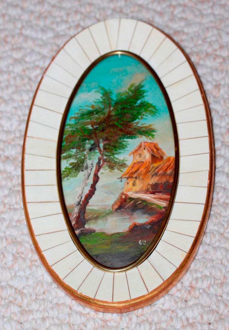 Miniature Oil Painting on Bone Frame: Signed initials E.U. Overall 8 3/4" x 5 1/8". Most likely early 20th century.