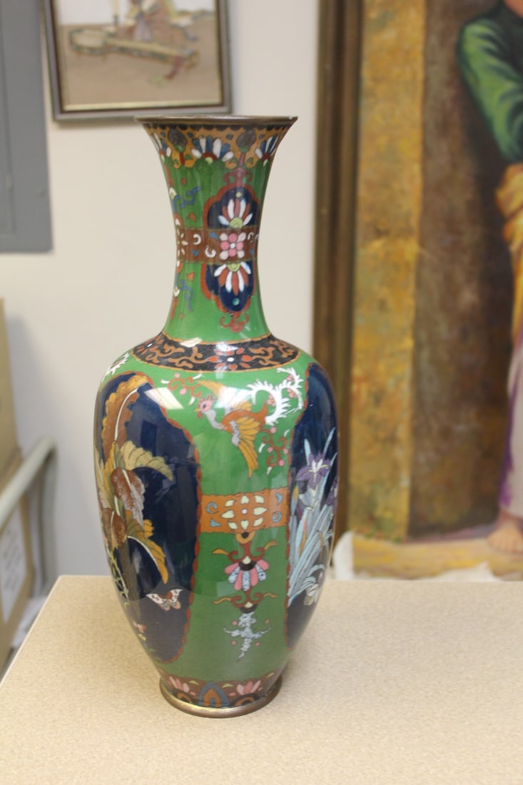 Large Japanese Cloisonne Vase: please note: one bruise as shown - still an exceptional vase - 15 1/4" tall