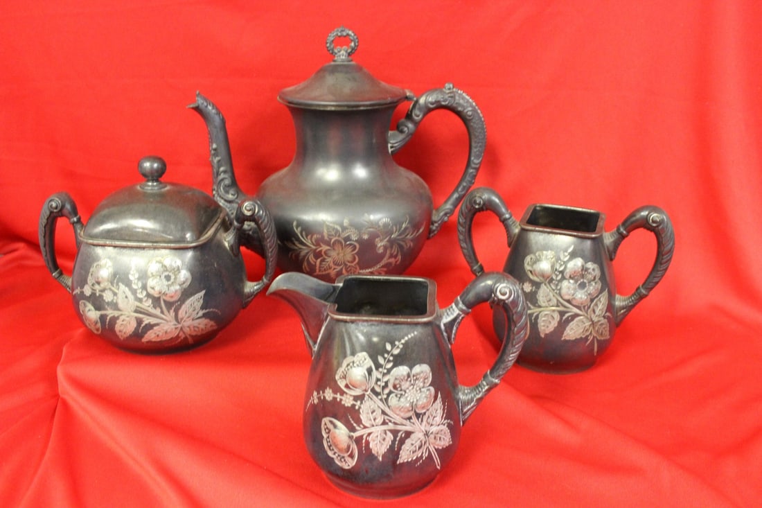 Set of Silverplated Etching: teapot= 8" tall