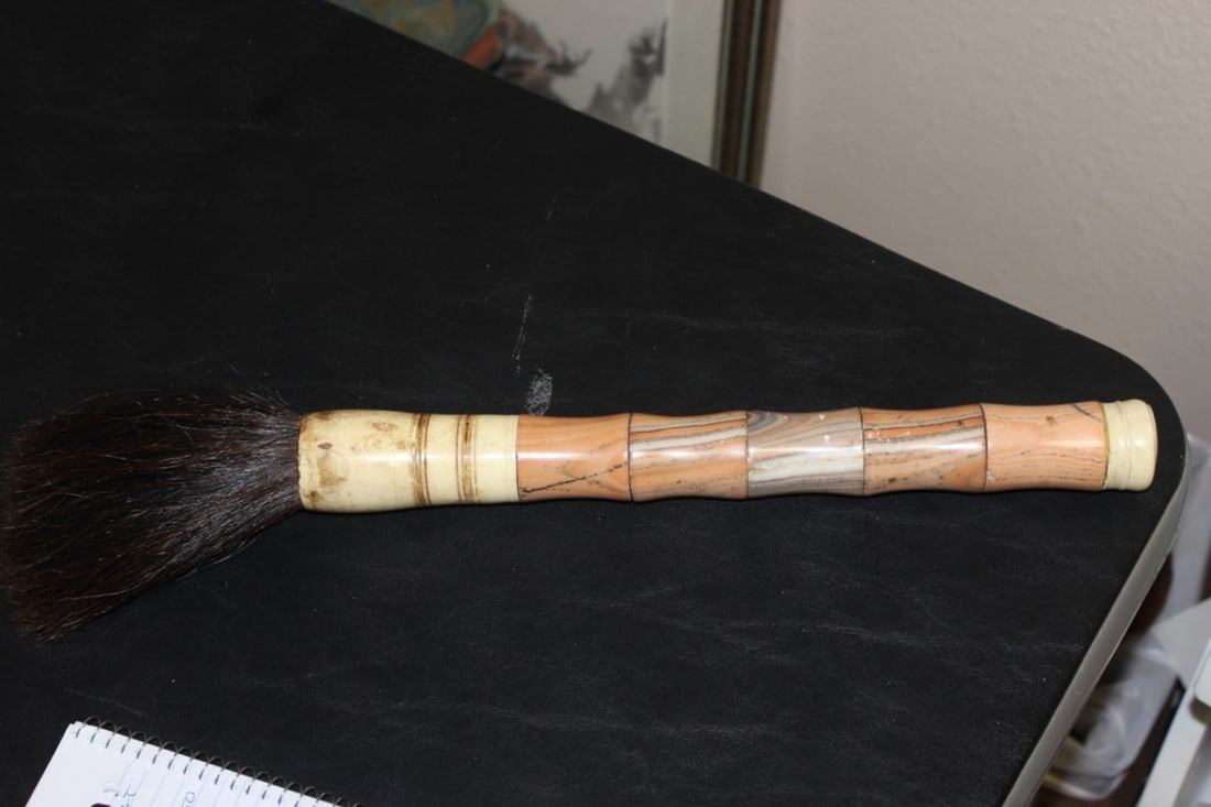 A Chinese Marble? And Possibly Horse Hair? Brush: with bone insert - please note: crack and minor losses possibly old - 17 1/2" long