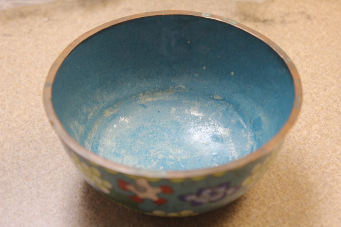 Antique Chinese Cloisonne Bowl: 19th century - please note: losses as shown - marked China - 4 1/2" in diameter