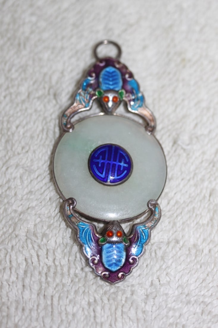 Antque Chinese Sterling Silver Enamel & White Jade: 2.75"Long