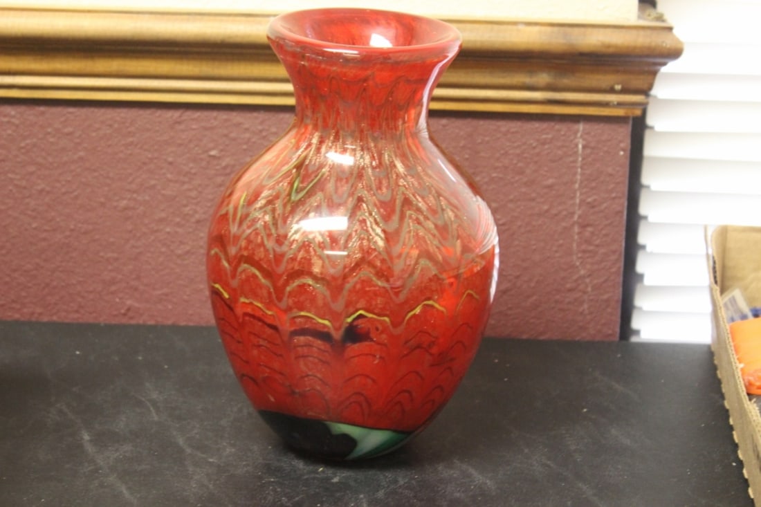 A Red Art Glass Vase: 9 1/2" tall