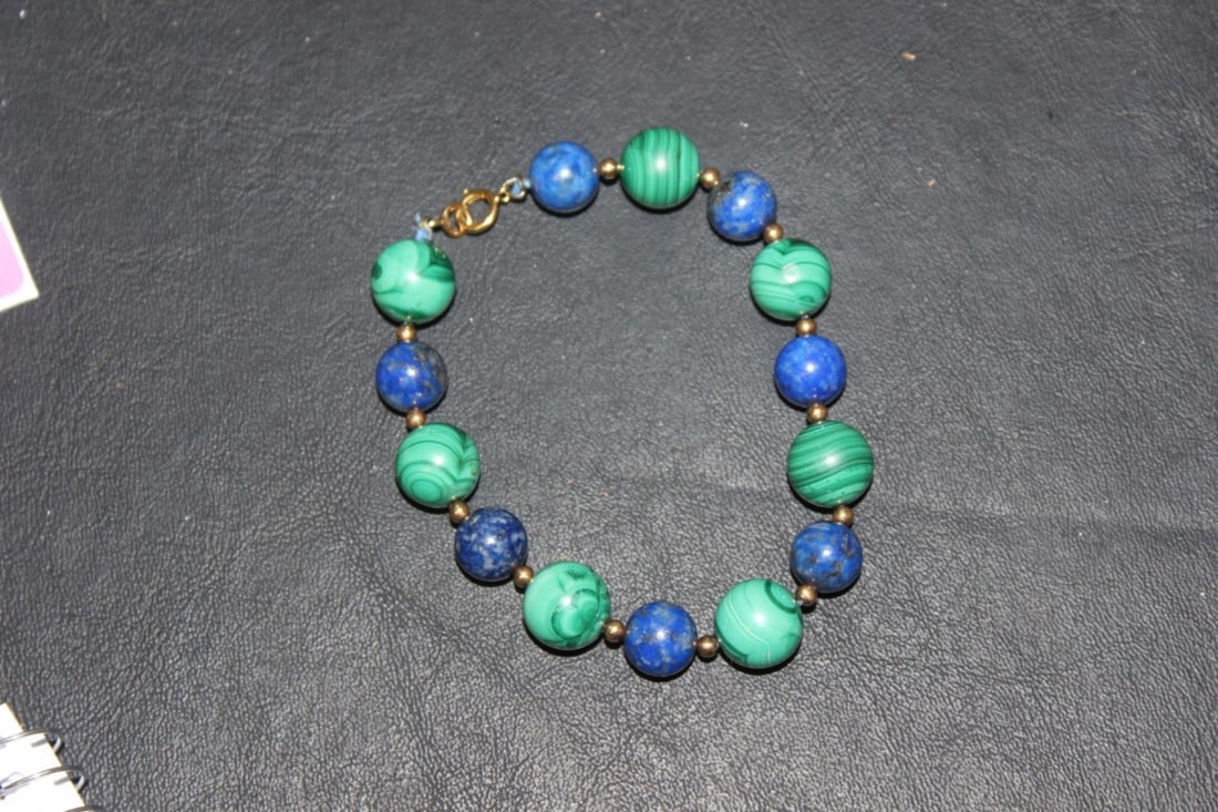 A 14Kt Gold Lapis and Malachite Bracelet: Size of the largest stone= 1/2" or approximately 12mm