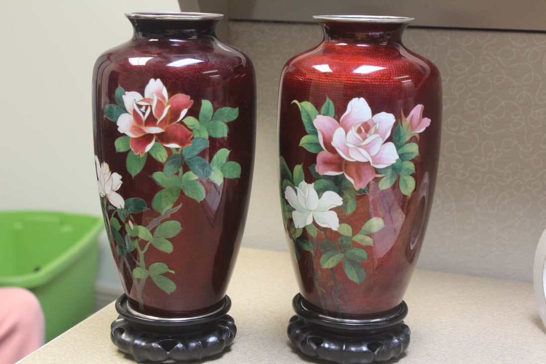 Pair of Silver Wire Cloisonne Vases: with stands - approximately 9" tall each without the stand