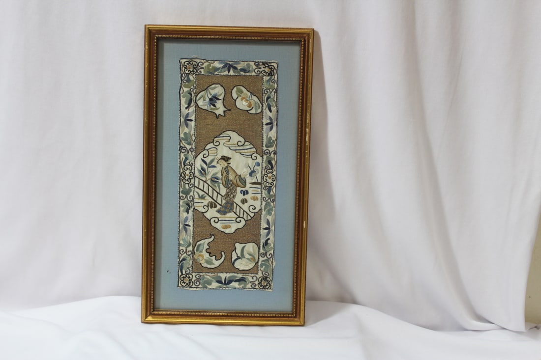 A Vintage Chinese Framed Silk: Probably early 20th century - overall= 11 3/4" x 6 1/2"