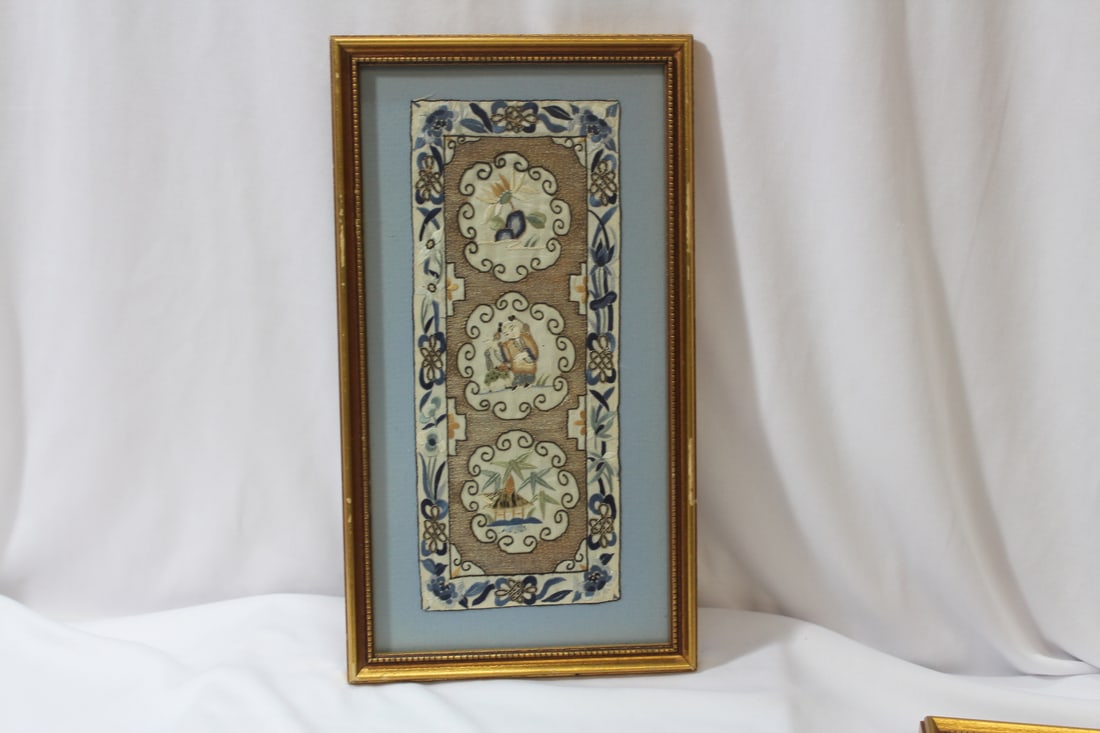 A Vintage Chinese Framed Silk: Probably early 20th century - overall= 11 3/4" x 6 1/2"