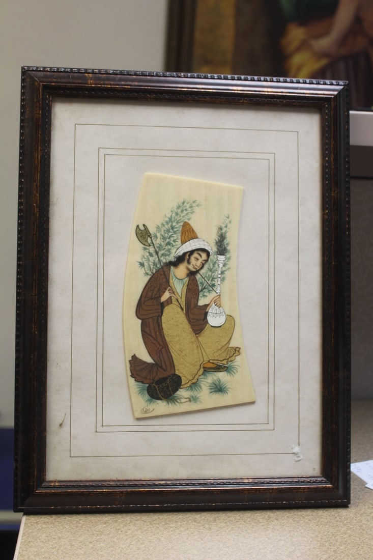 Islamic Pastel Painting on Bone: signed - framed - overall= 14 3/4" x 10 7/8"