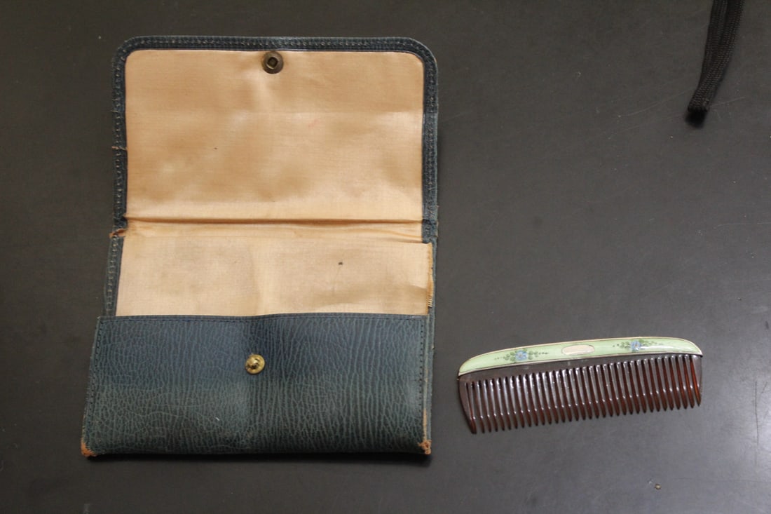 An Enamel Comb: inside an old leather purse