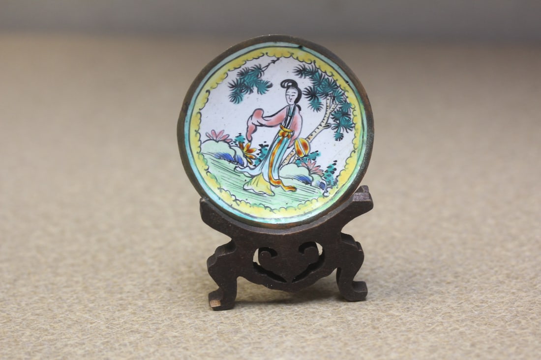 Chinese Enamel Small Plate: with stand - marked "China" - late 19th century - diameter of plate= 2 1/4" - please note: minor losses as shown