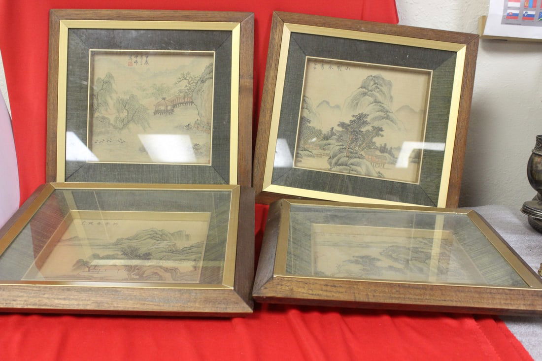 Set of 4 Chinese Watercolor on Silk: Signed - Framed - overall= 13" x 13" each - sight= 7 1/2" x 6 3/4"