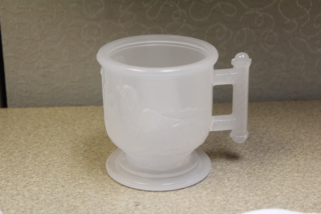 Bird Form Milk Glass Mug: 3 1/2" tall - probably Ohio Flint glass company