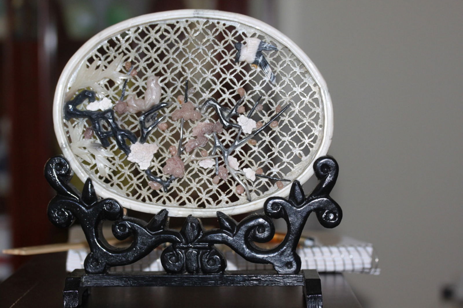 Stone Chinese Screen: Circa mid 20th century. 8 3/4" in diameter (stone only).