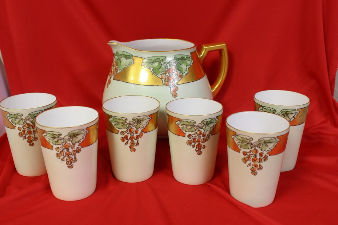 An Antique Gold Gilted Bavaria Pitcher: with six cups - German - pitcher= 6 1/4" tall