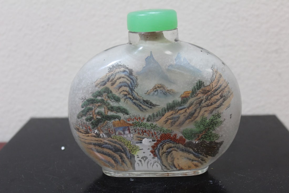 A Large Vintage Chinese Snuff Bottle: reverse painting on glass - 5 1/4" across - with box