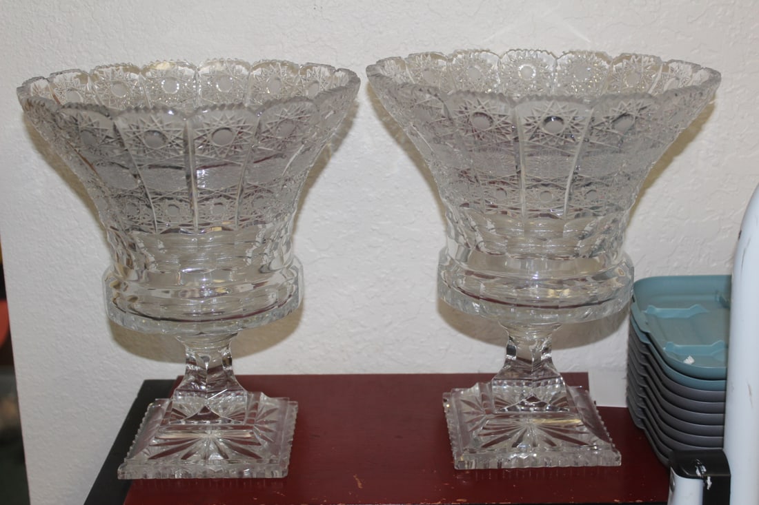 Pair of Dresden Cut Glass Urns: impressive - 11" tall by 9 5/8" inches wide
