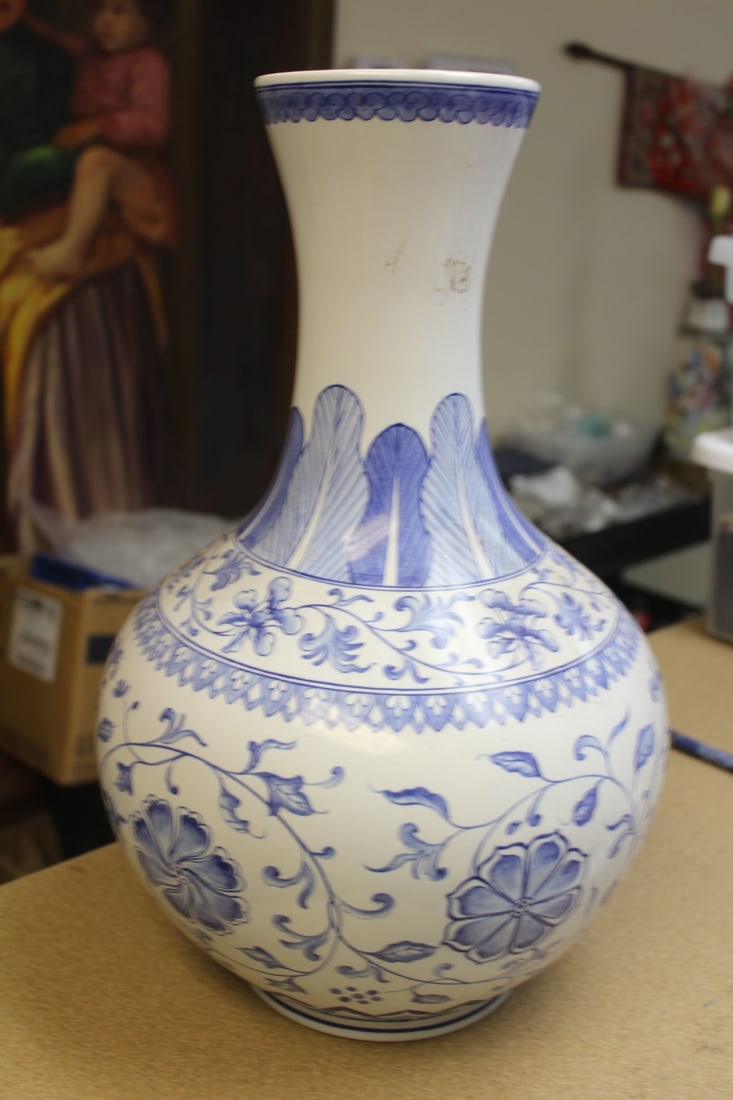 Large Chinese Blue and White Vase: tear drop form - 16 inches tall and about 8 1/2" wide - signed