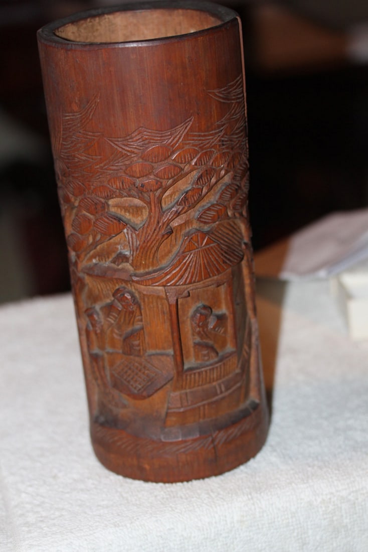 Antique Chinese Bamboo Brush Holder: Circa early 20th century, or possibly earlier. 9 1/2" tall. Good carving. - Note age related cracks.