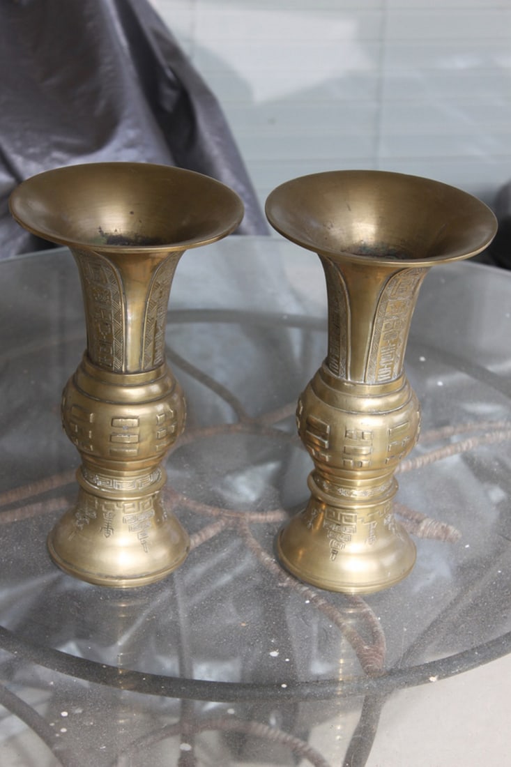 Two Signed Chinese Gu Shape Vases: Was used as candle sticks. 10 1/2" tall. Possibly bronze or brass, nicely detailed.