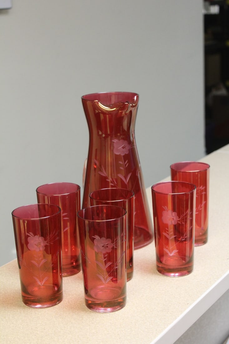 A Cranberry Cut Glass Tumbler and Pitcher (1 of 5)