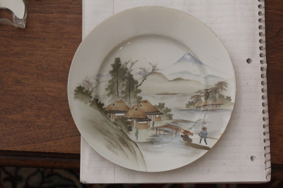Antique Kutani Porcelain Plate of Mount Fuji: Japanese -artist signed - early 20th century - 7 1/8" in diameter - please note: one very small chip as shown