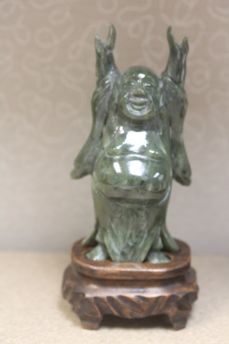 Chinese Jade Buddha on Stand: overall= 6 3/8" tall