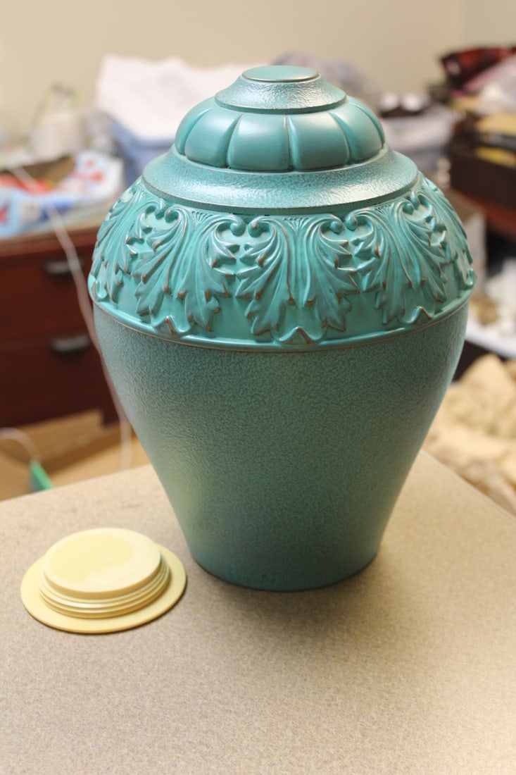 Resin or Plastic Vase Form Container: with under lid - heavy - 11 inches tall