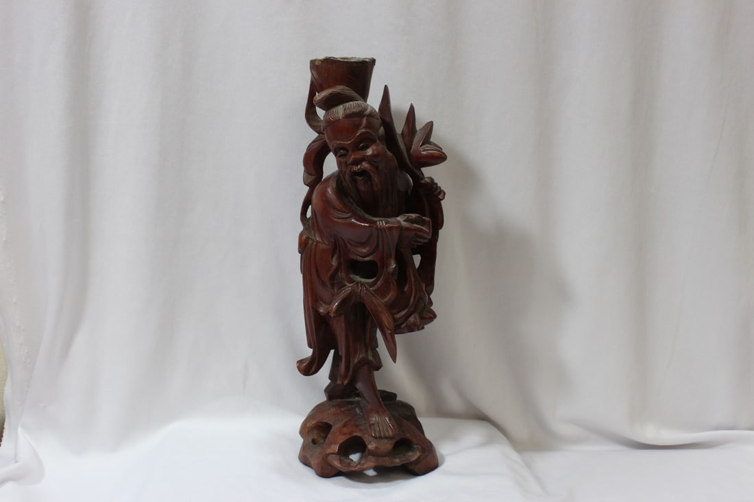 A Vintage Chinese Wooden Figurine: 12" tall - once was possibly used as a candle holder