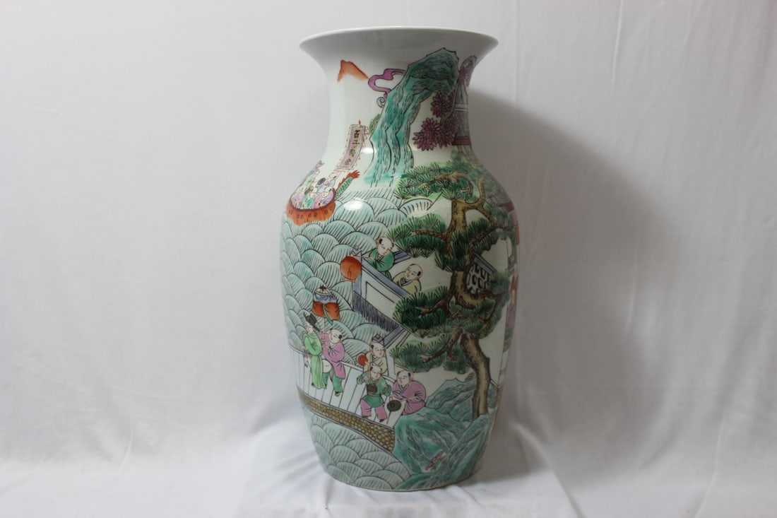 A Signed Chinese Famille Verte Vase: age unknown - 14 3/4" tall