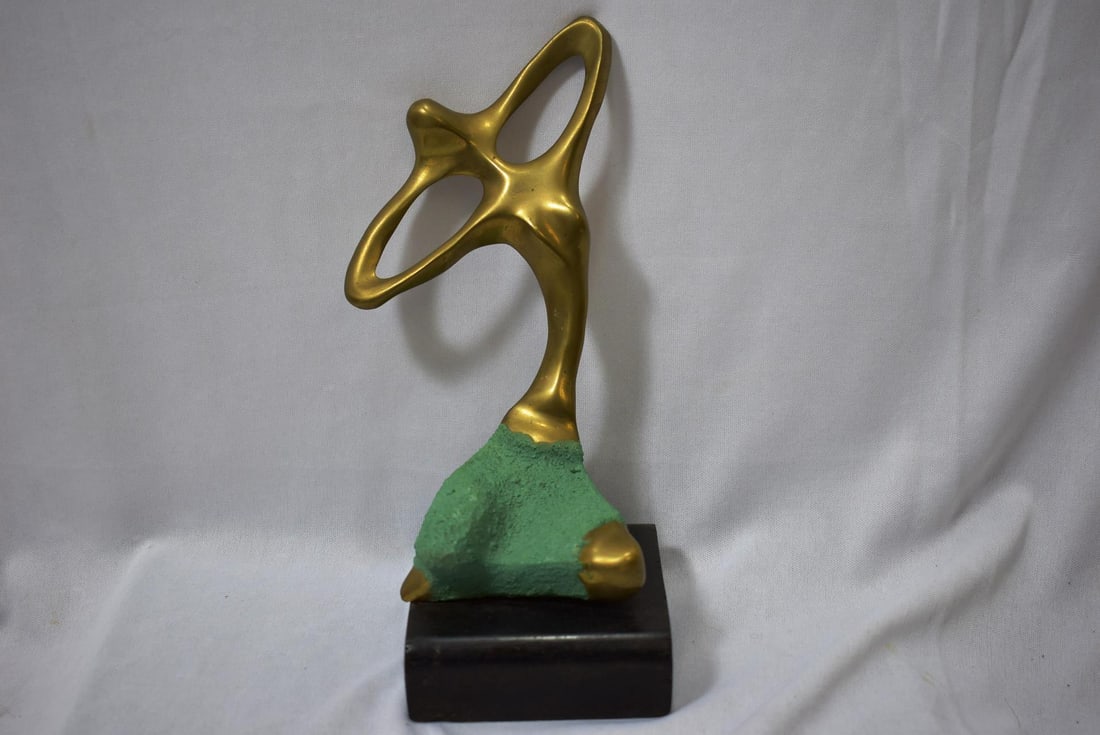 A Modern Brass Statue on Wood Block: 7 3/4" tall