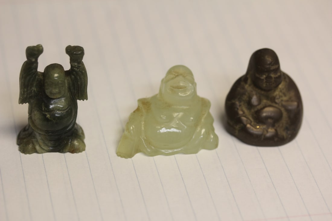 Lot of 3 Miniature Buddhas: 2 Jades and one solid brass/bronze - tallest= 1 1/2" - old